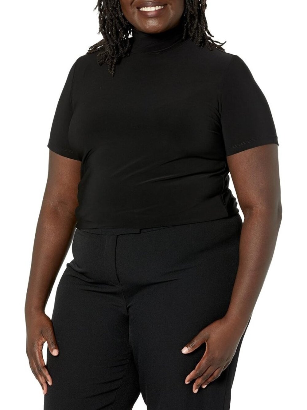 Anne Klein Plus Size 1X Mock Neck Top Polyester Short Sleeves Shirt Black $69